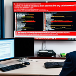 **

A Vietnamese office setting. A frustrated IT manager stares at a screen displaying ransomware attack warnings. In the background, lawyers review documents marked "Luật An Ninh Mạng" (Cybersecurity Law). The scene highlights the link between a cyber attack and legal consequences. The visual style should be realistic and convey a sense of urgency.

**