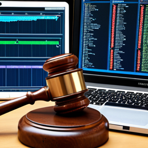 Home 14 ** A computer screen displaying system logs and network traffic analysis after a cyberattack, with legal documents and a gavel subtly in the background, symbolizing the legal ramifications of the breach.
**