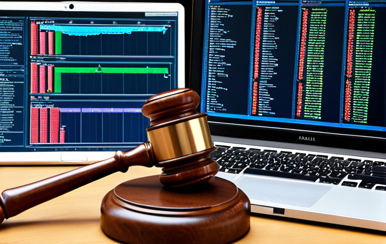 ** A computer screen displaying system logs and network traffic analysis after a cyberattack, with legal documents and a gavel subtly in the background, symbolizing the legal ramifications of the breach.

**