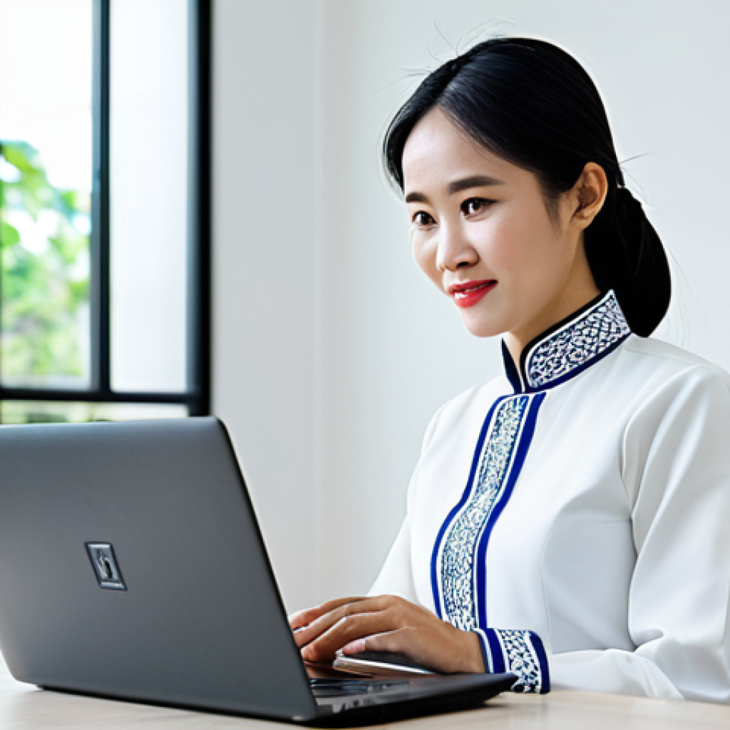 사이버 공격 예방을 위한 보안 시스템 업그레이드 - ** A professional businesswoman in a modest, tailored áo dài (Vietnamese traditional dress), conduct...