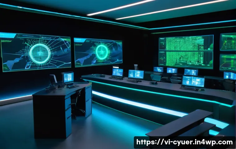 사이버 공격 탐지를 위한 인공지능 기술 활용 - **Prompt:** A futuristic, sleek cybersecurity control center bathed in cool blue and green light. In...