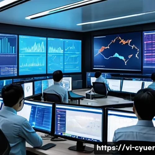 Home 33 사이버 공격 경고 시스템 구축 방법 - A high-tech cybersecurity operations center in Vietnam, featuring a diverse team of IT professionals...