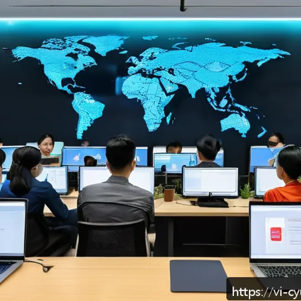 사이버 공격 대응을 위한 문화적 변화 필요성 - A modern Vietnamese office environment where diverse employees are engaged in a cybersecurity traini...