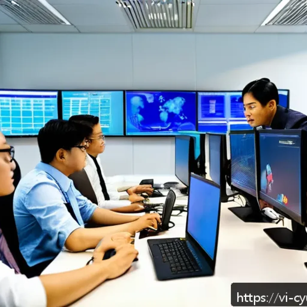 사이버 공격 대응을 위한 사건 대응 팀 구성 - A professional cybersecurity incident response team in a modern Vietnamese office environment, focus...