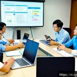 Home 23 사이버 보안 훈련을 통한 인식 제고 - A modern Vietnamese office environment with a diverse group of employees gathered around a large tab...
