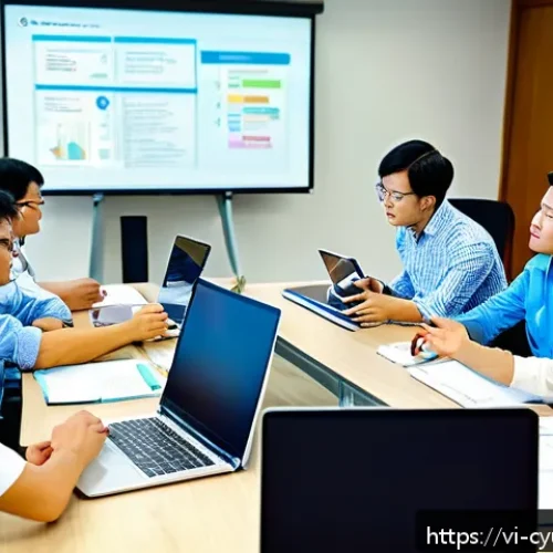 Home 17 사이버 보안 훈련을 통한 인식 제고 - A modern Vietnamese office environment with a diverse group of employees gathered around a large tab...