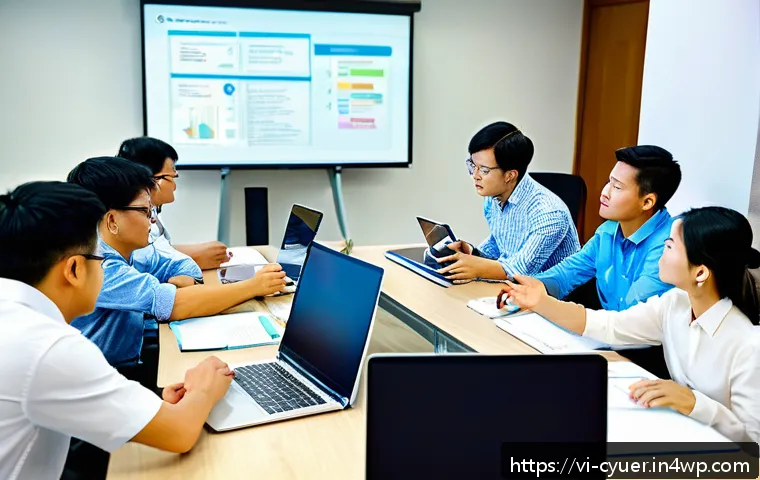 사이버 보안 훈련을 통한 인식 제고 - A modern Vietnamese office environment with a diverse group of employees gathered around a large tab...
